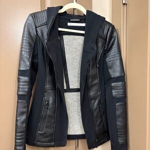 Blanc Noir Hooded Black Vegan Leather Moto Jacket
